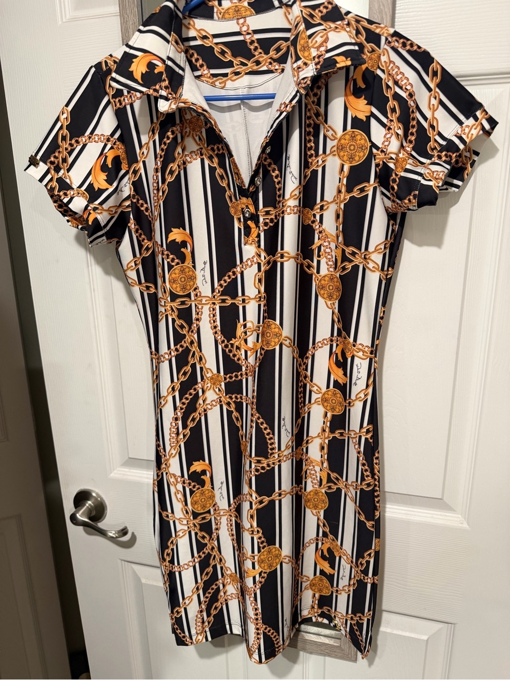 Black & White Striped Chain-Print Midi Dress with Gold Accents